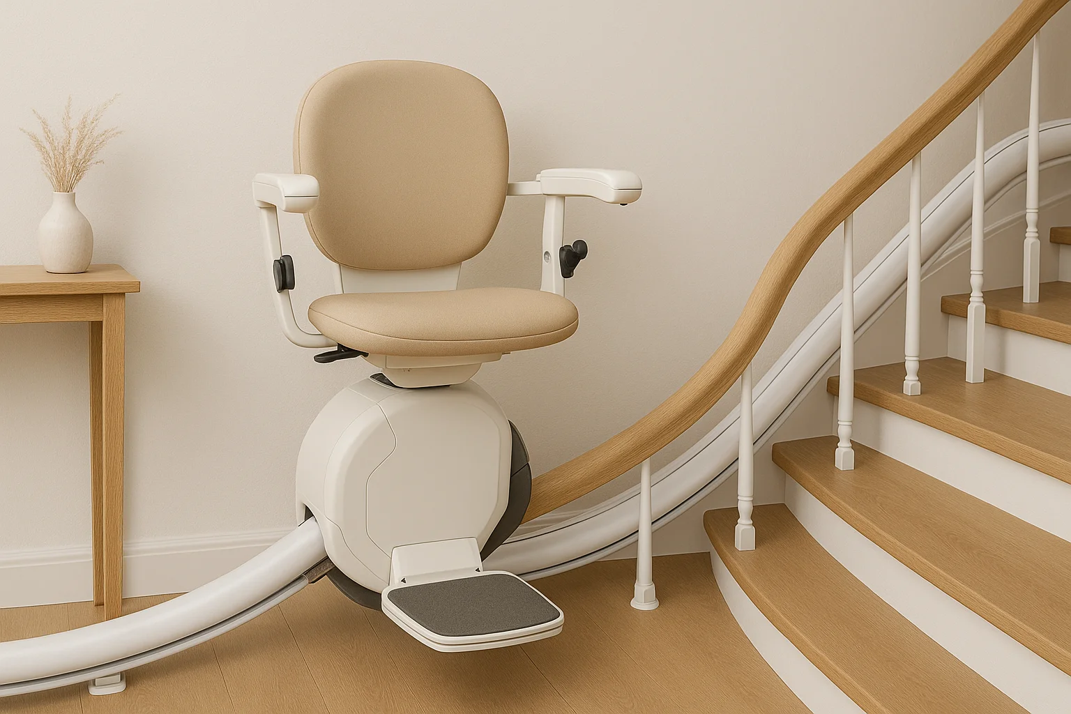 Treppenlift mieten kurvige Treppe – Maßschiene innen