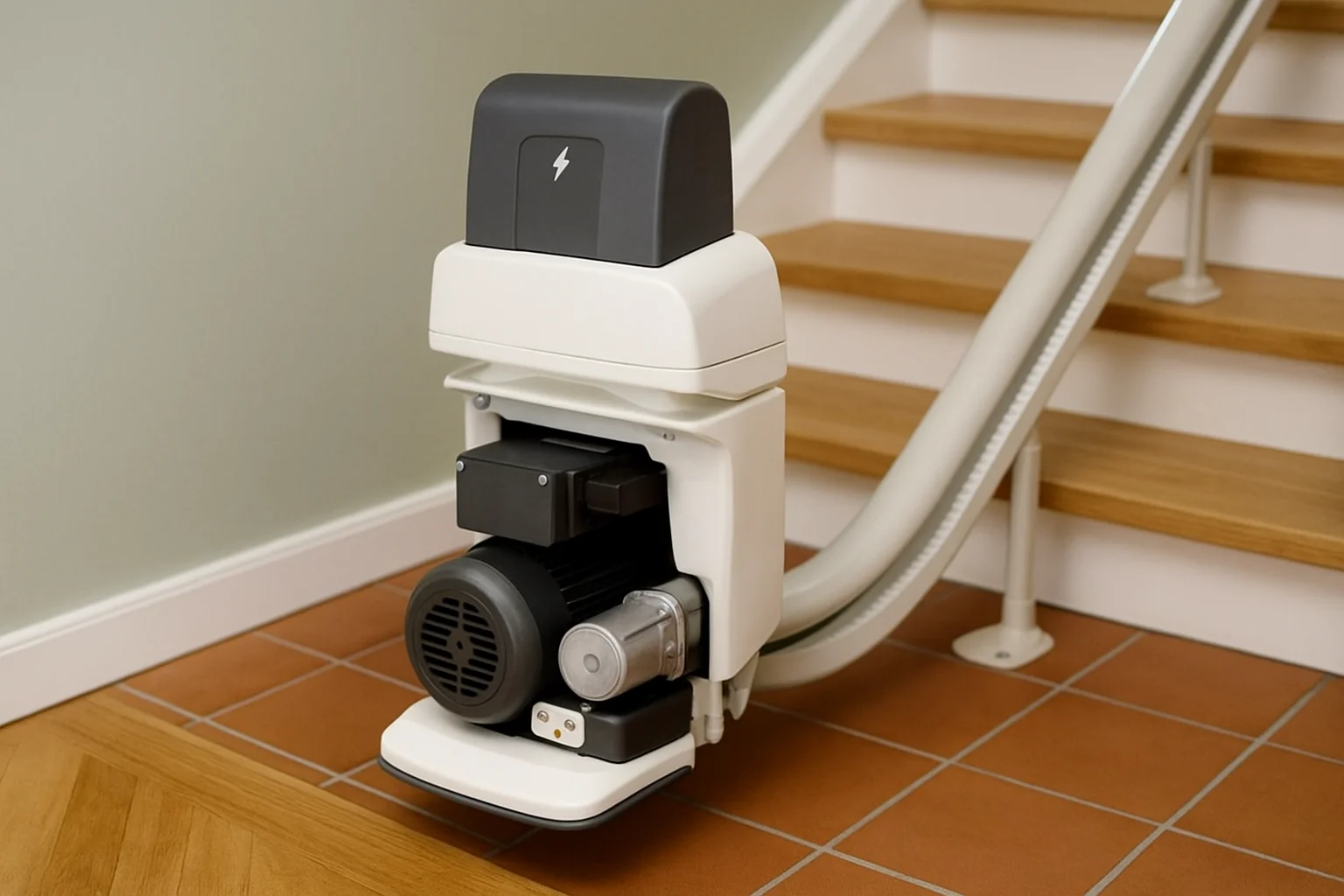 Fahreinheit eines Sitzlifts mit Motor, Antrieb und Ladekontakt