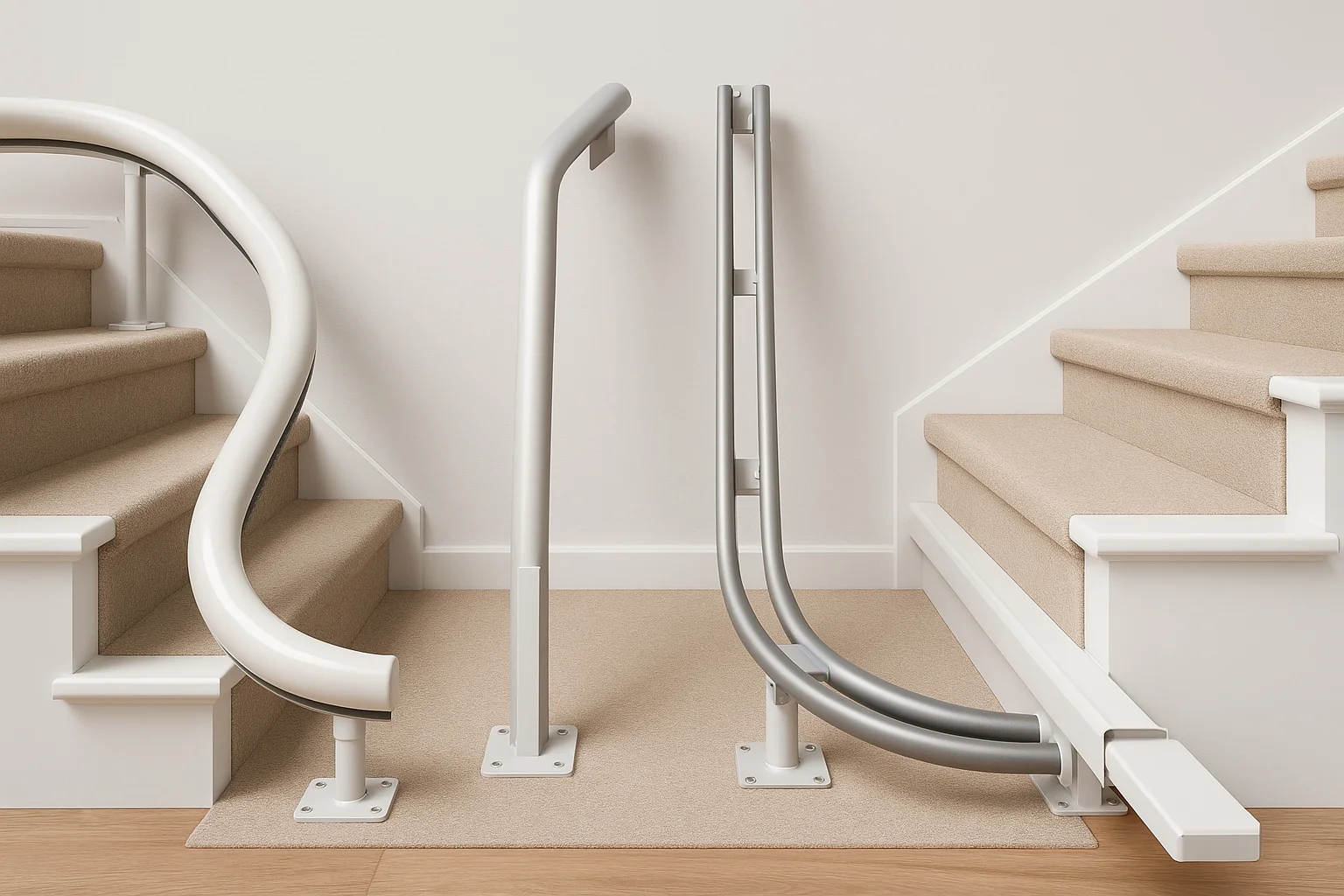 Schienensystem eines Sitzlifts auf einer kurvigen Treppe