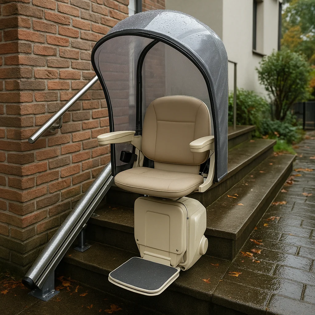 Wetterfester Sitzlift an Außentreppe mit Haube