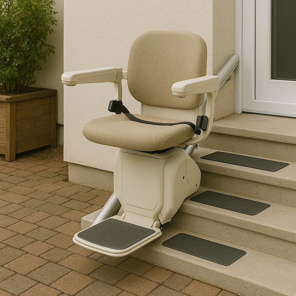 Sitzlift außen, rutschhemmende Auflage auf Stufen