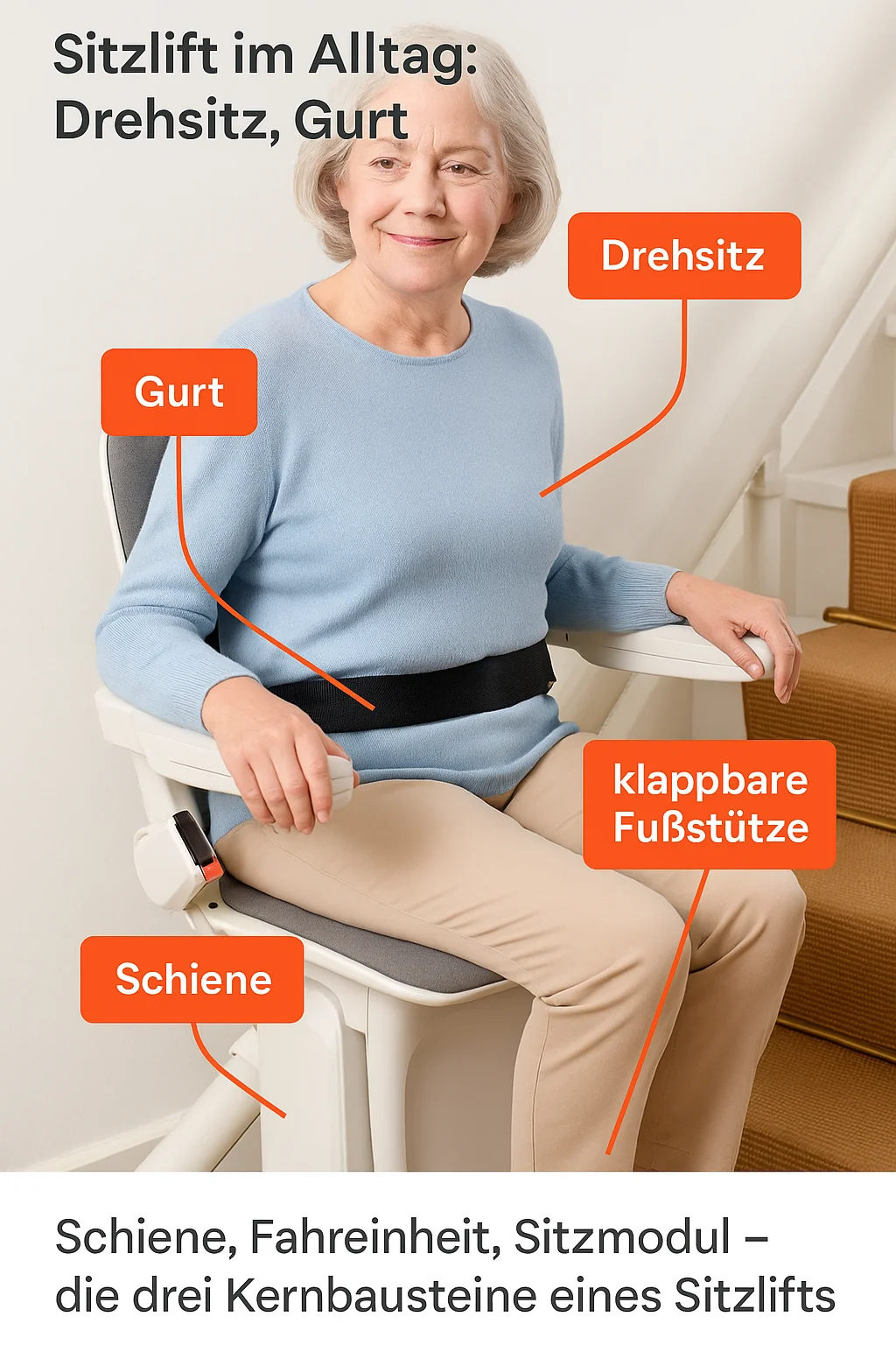 Sitzlift im Alltag: Drehsitz, Gurt, klappbare Fußstütze