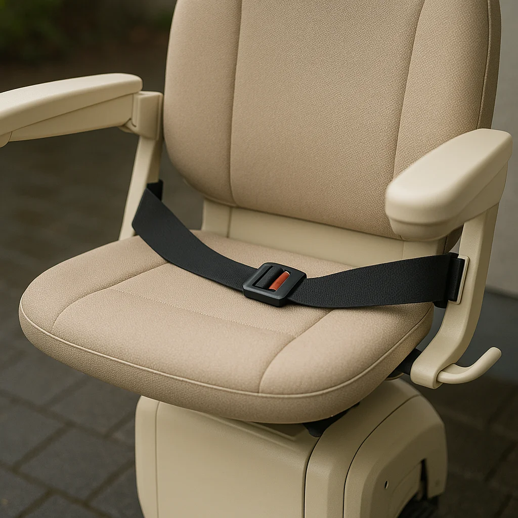 Detailaufnahme: Drehsitz mit Sicherheitsgurt