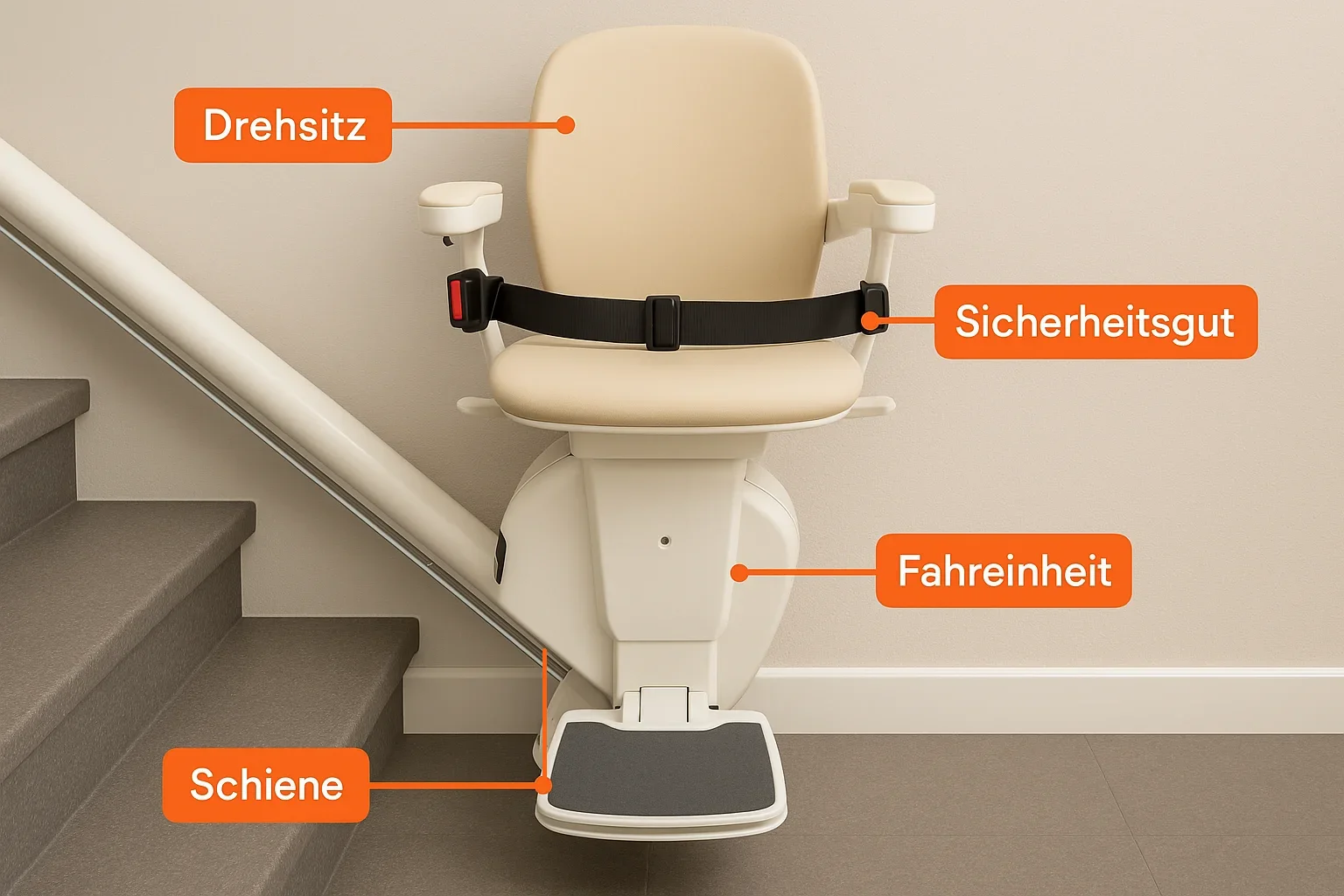 Sitzlift erklärt: Schiene, Fahreinheit, Drehsitz und Sicherheitsgurt