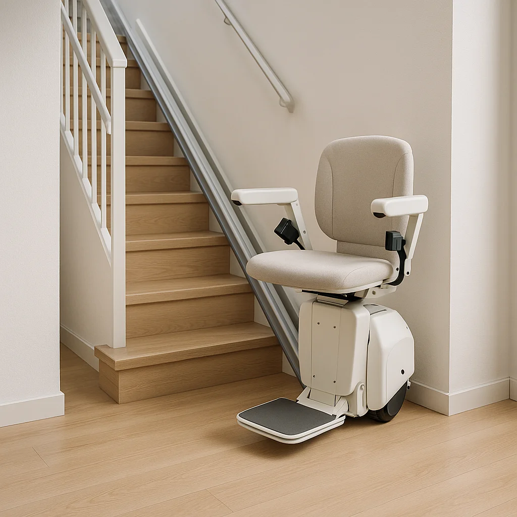 Sitzlift auf gerader Innentreppe, helle Holzstufen