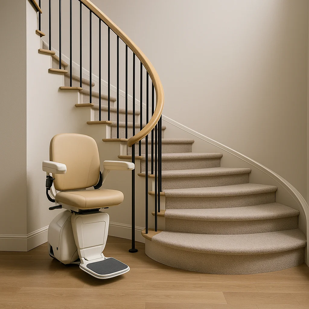 Sitzlift auf kurviger Treppe mit Podest