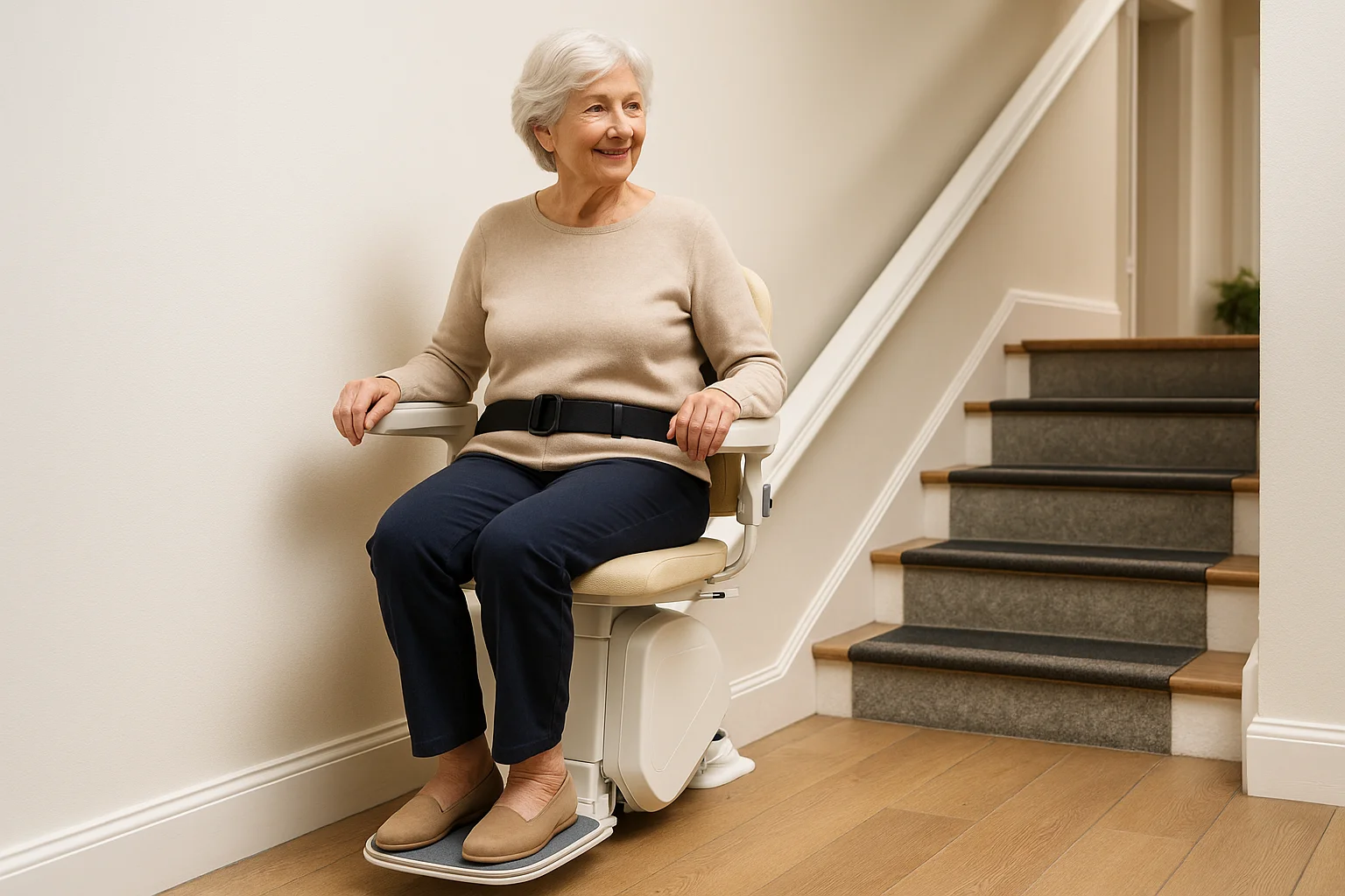 Seniorin nutzt Sitzlift auf gerader Innentreppe