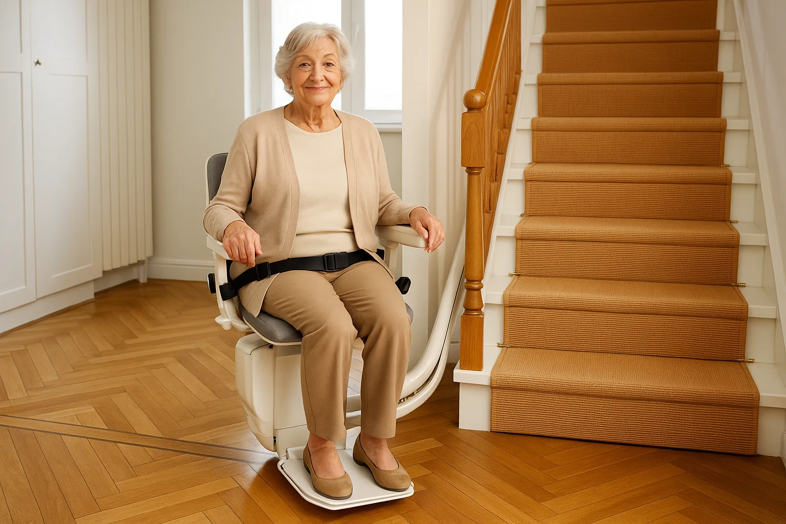 Sitzlift auf gerader Innentreppe mit Parkposition unten