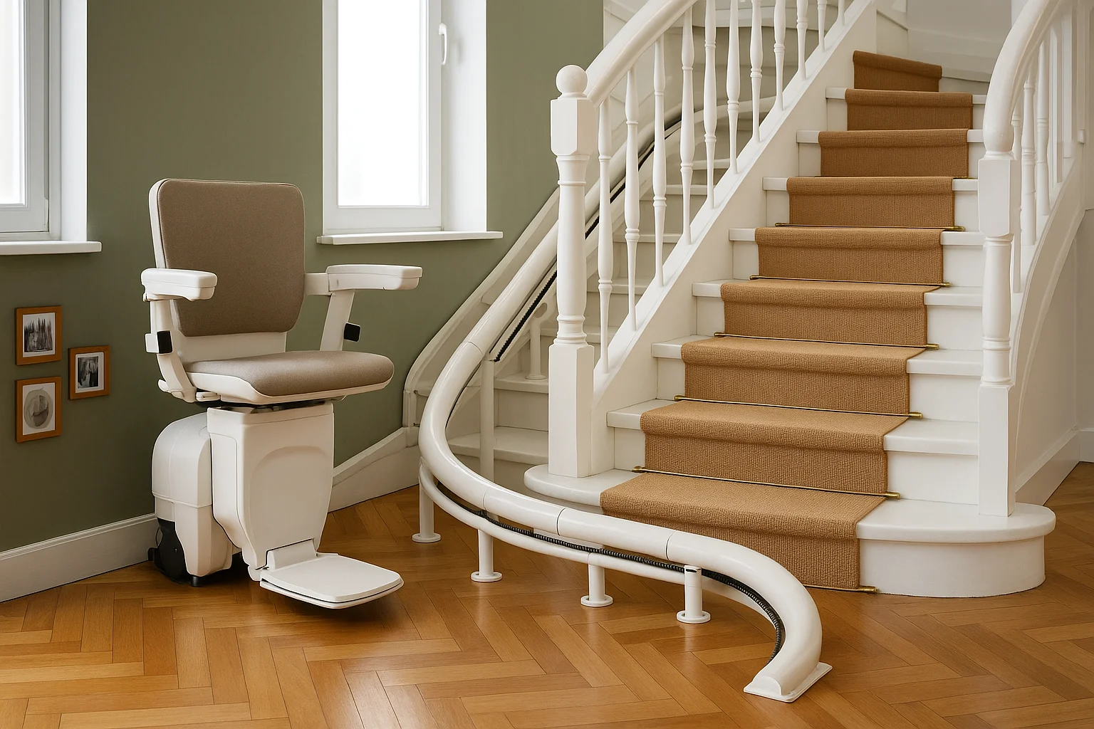 Sitzlift auf kurviger Treppe mit Parkkurve am Austritt