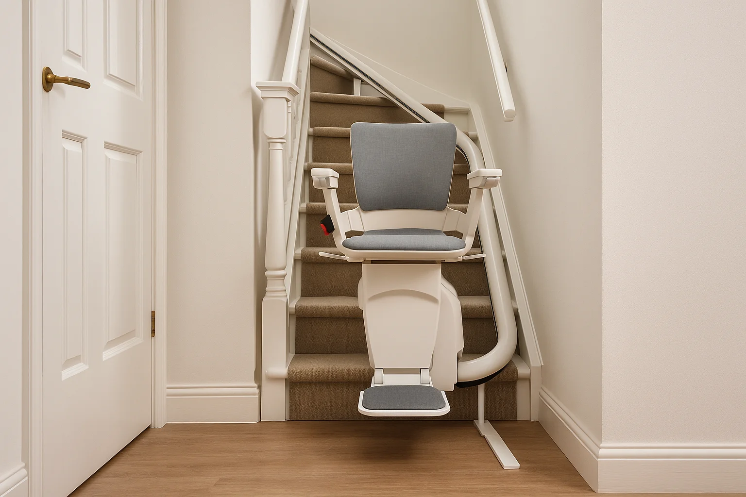 Sitzlift mit klappbarer Fußstütze an schmaler Treppe