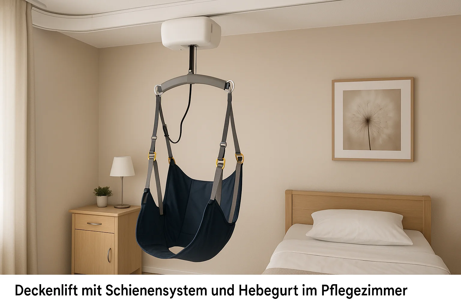 Deckenlift mit Schienensystem und Hebegurt im Pflegezimmer