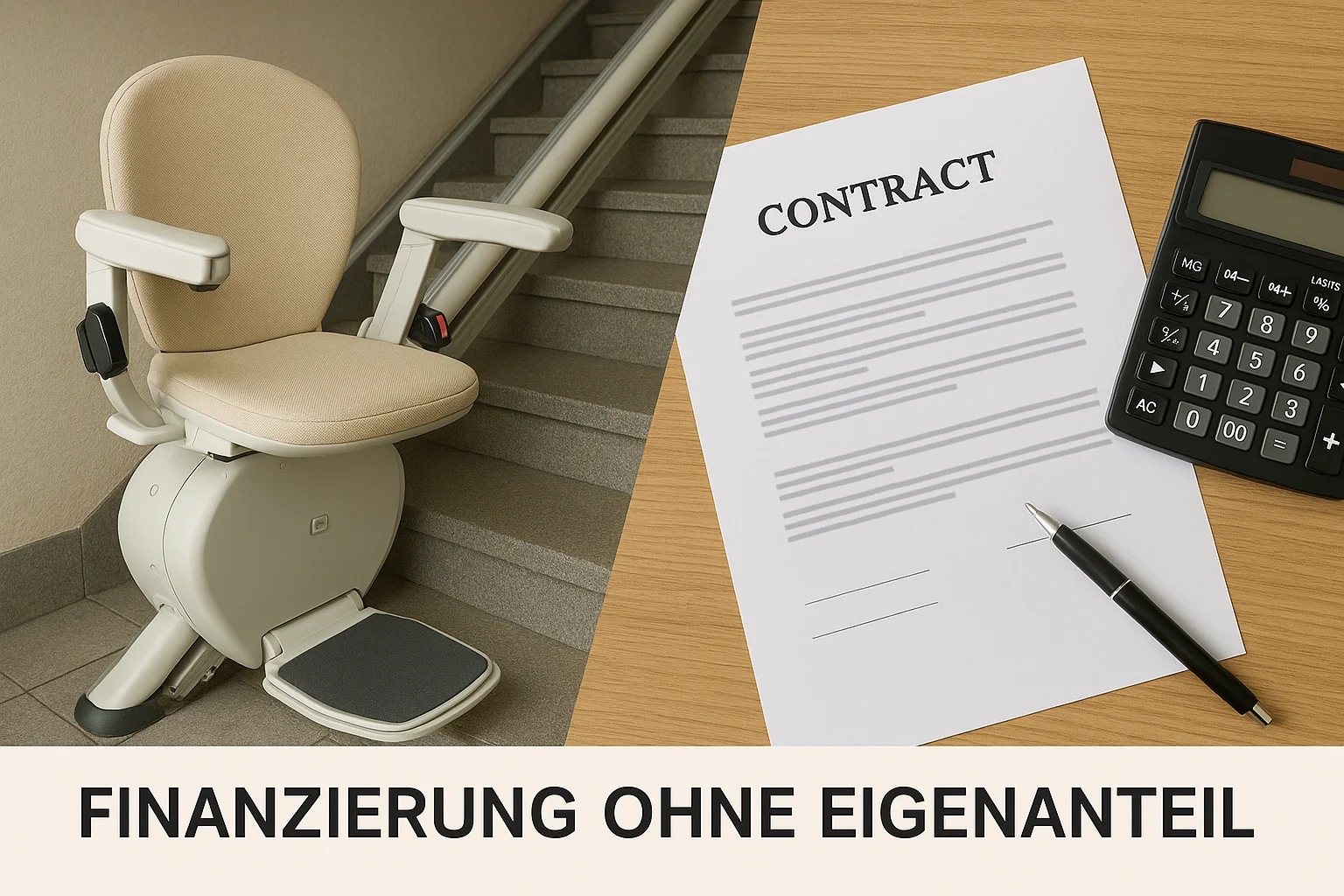 Symbolbild: Treppenlift, Vertrag und Taschenrechner – Finanzierung ohne Eigenanteil