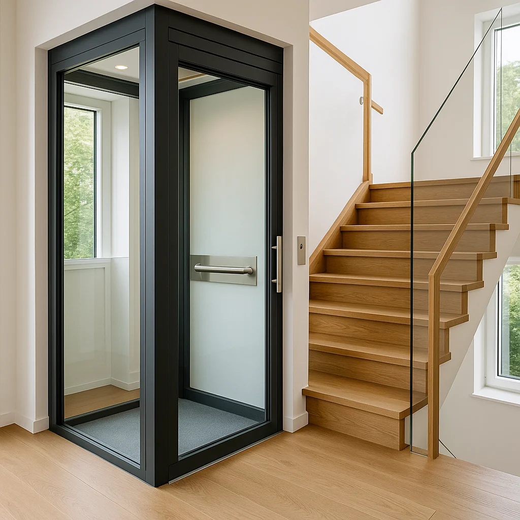 Moderner Hausaufzug im Einfamilienhaus mit Glasfront