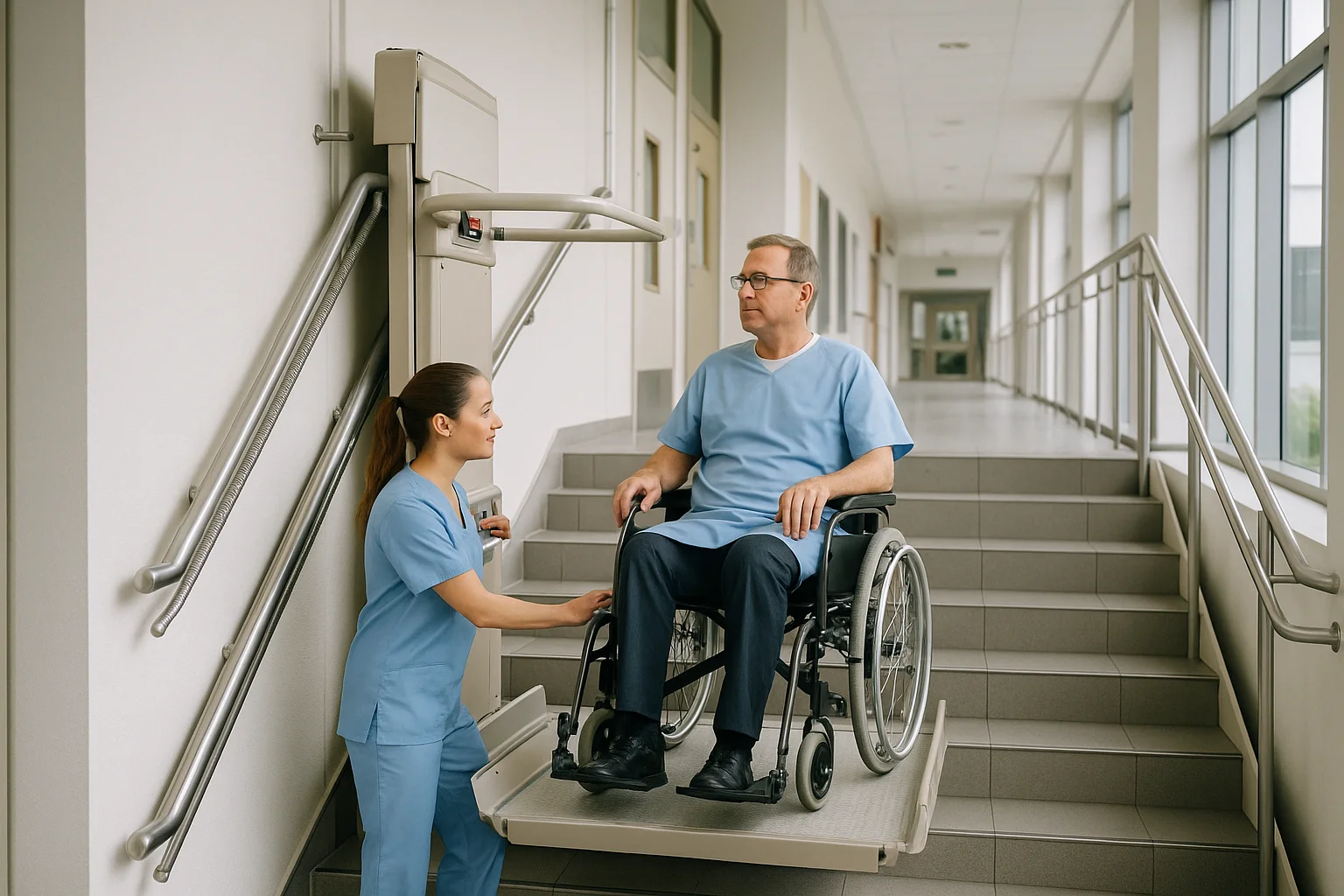 Pflegekraft begleitet Patient im Rollstuhl auf Plattformlift im Krankenhaus