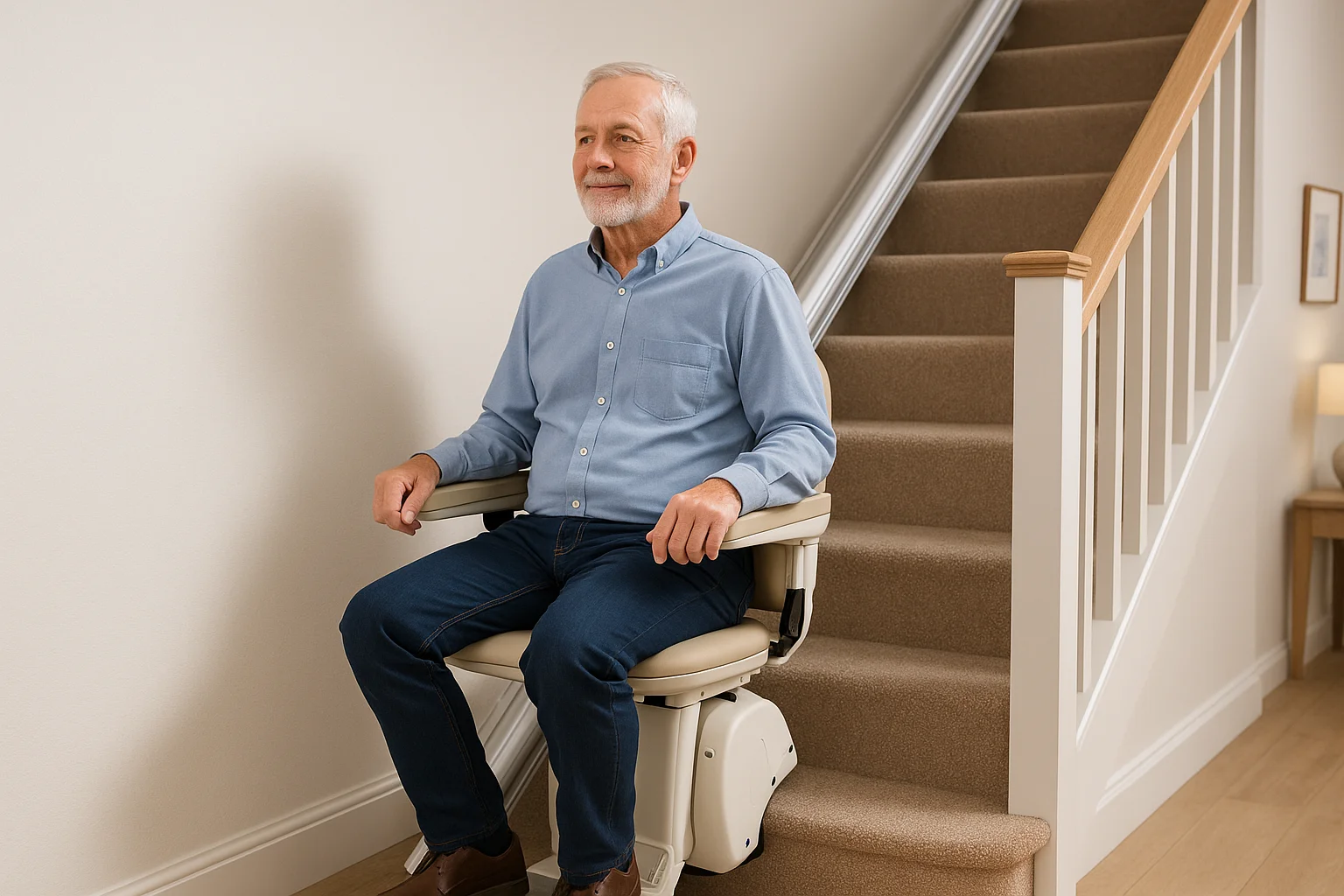 Gebrauchter Treppenlift an einer Treppe in einem Wohnhaus