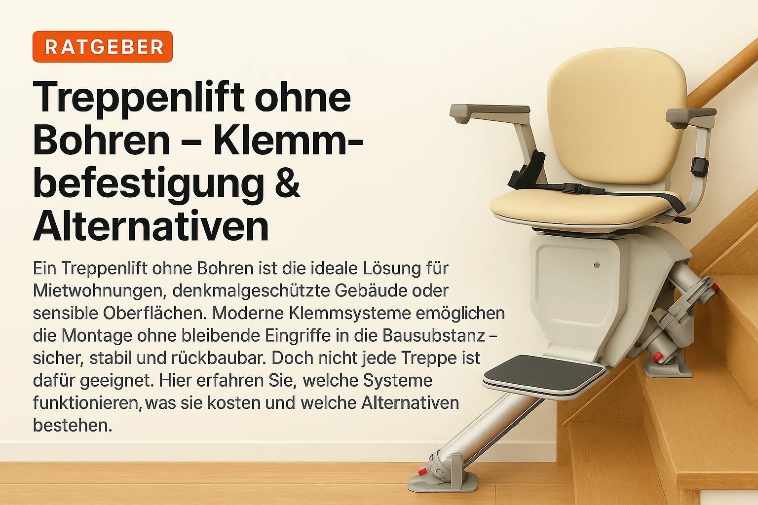 Treppenlift ohne Bohren mit Klemmbefestigung an Holztreppe