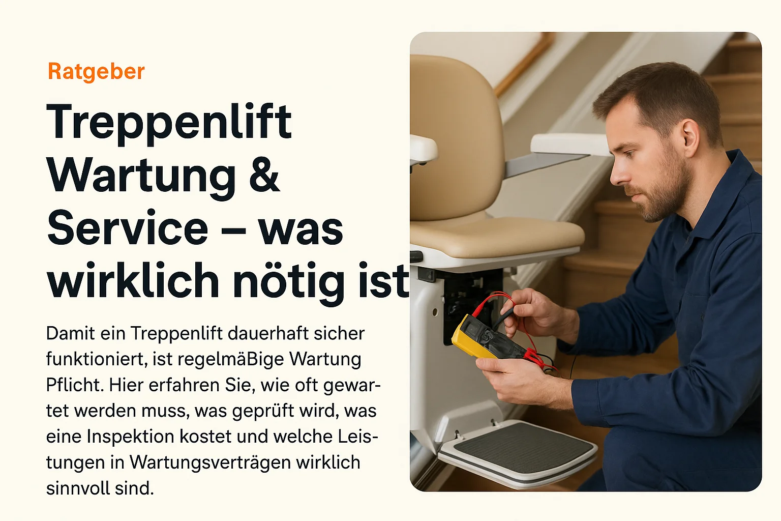 Techniker prüft Treppenlift bei Wartung