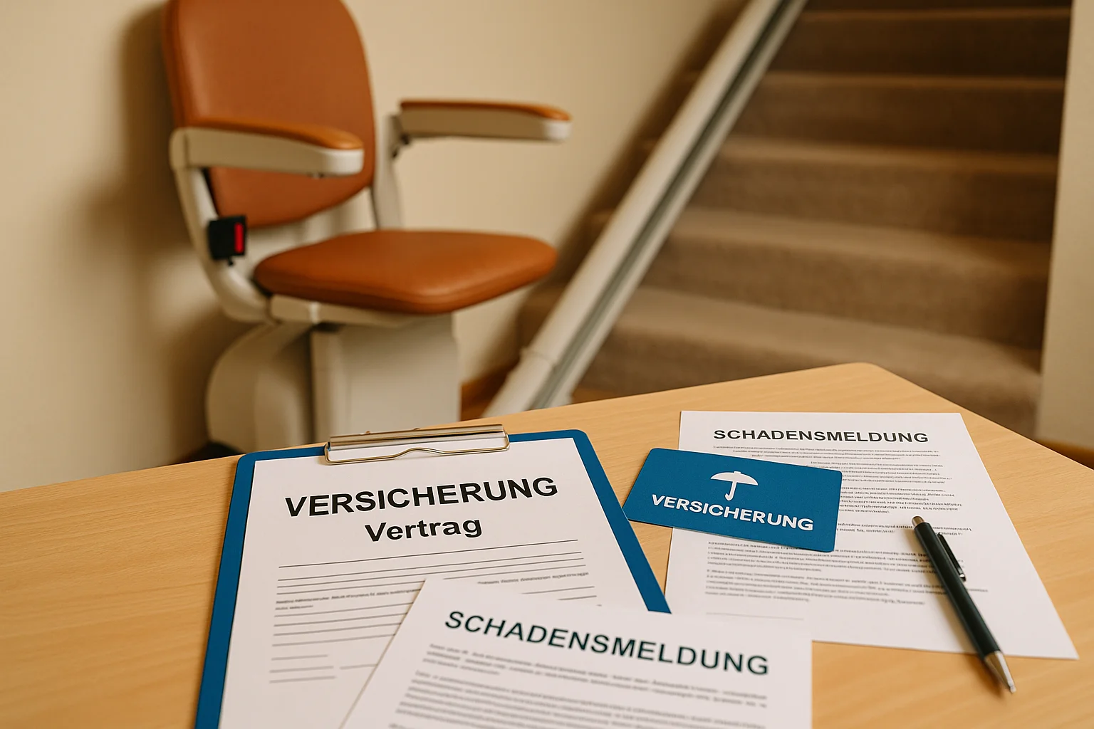Treppenhaus mit Treppenlift; Dokumente und Versicherungskarte liegen bereit